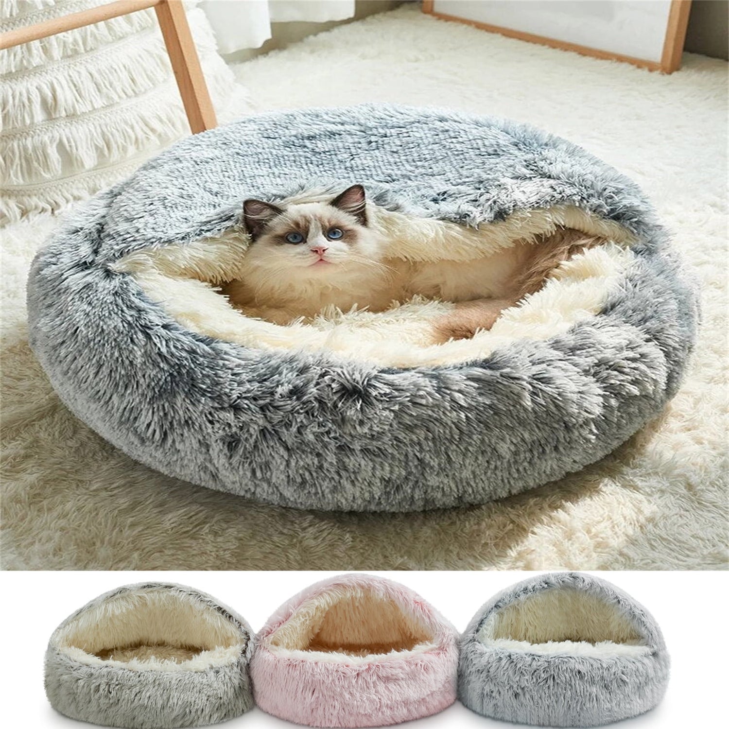 Plush Hooded Small Pet Cave Bed – Calming, Cozy & Washable 16"